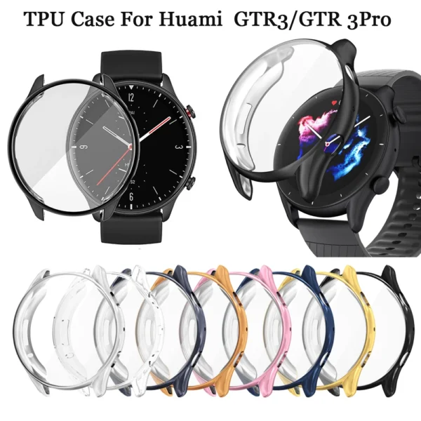 Tpu caso macio para huami amazfit gtr 3/gtr 3 pro, cobertura completa, pára-choques, protetor de tela