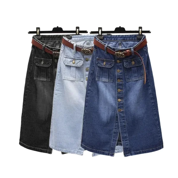 Saia longa de peito único meio da panturrilha feminina com cinto, moda coreana, jeans azul, cintura alta casual, saia solta em linha A