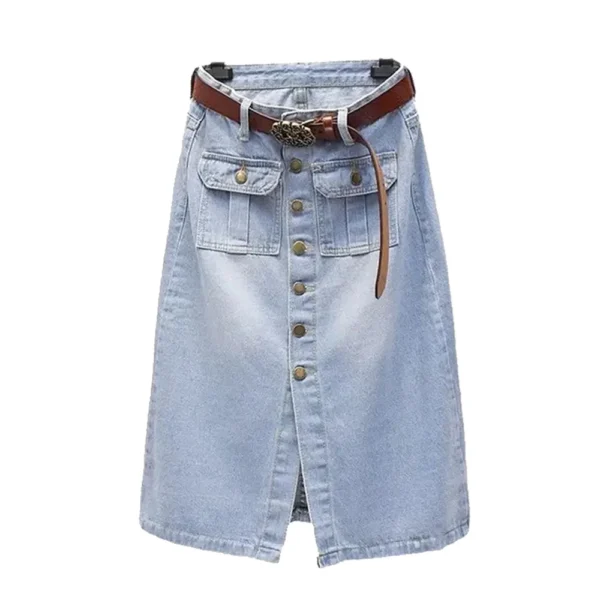 Saia longa de peito único meio da panturrilha feminina com cinto, moda coreana, jeans azul, cintura alta casual, saia solta em linha A - Image 4