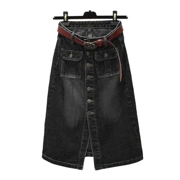 Saia longa de peito único meio da panturrilha feminina com cinto, moda coreana, jeans azul, cintura alta casual, saia solta em linha A - Image 5