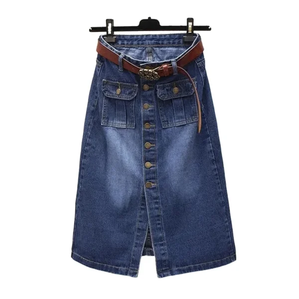 Saia longa de peito único meio da panturrilha feminina com cinto, moda coreana, jeans azul, cintura alta casual, saia solta em linha A - Image 2