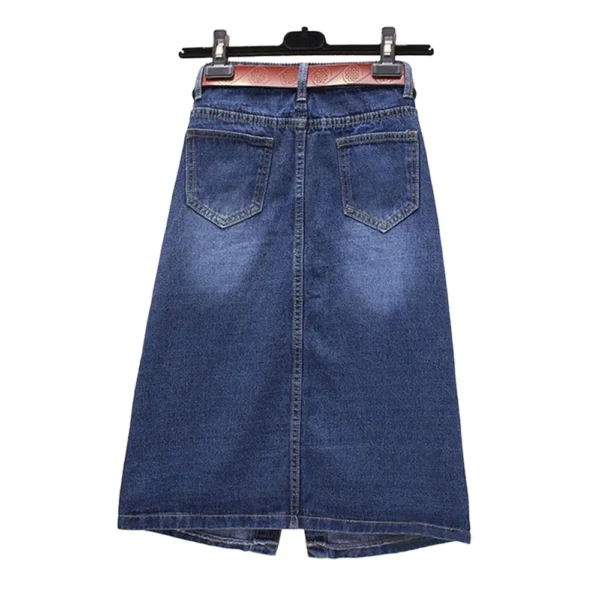 Saia longa de peito único meio da panturrilha feminina com cinto, moda coreana, jeans azul, cintura alta casual, saia solta em linha A - Image 3