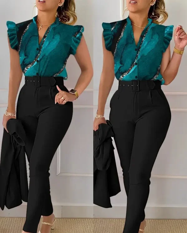 Conjunto Feminino Elegante Camisa e Calça Estampada – Moda 2024 - Image 2