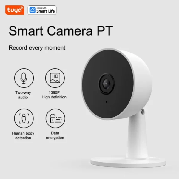 Tuya Smart 1080p Wi-Fi Câmera de segurança doméstica inteligente 2MP, HD, alertas de aplicativo em tempo real, áudio bidirecional, com rastreamento de movimento para bebês e animais de estimação